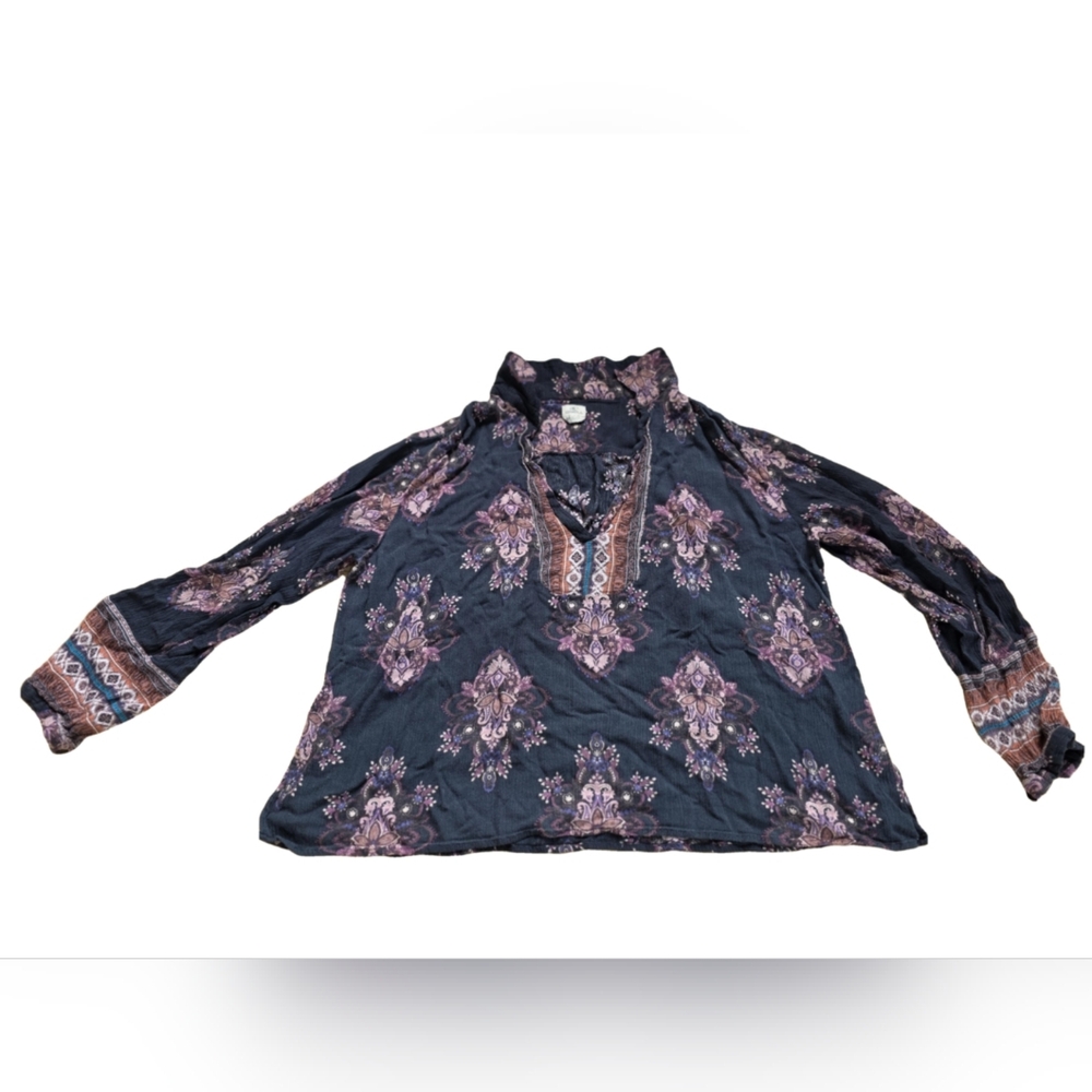 O'Neill Boho Print Flowy Peasant Collared V-neck Vicose Top Size M